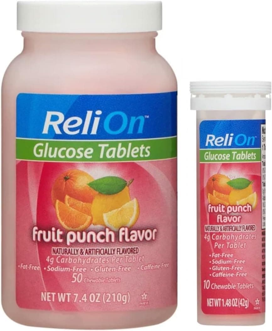 ReliOn fruit punch glucose tablets, a 50-count bottle beside a 10-count travel tube