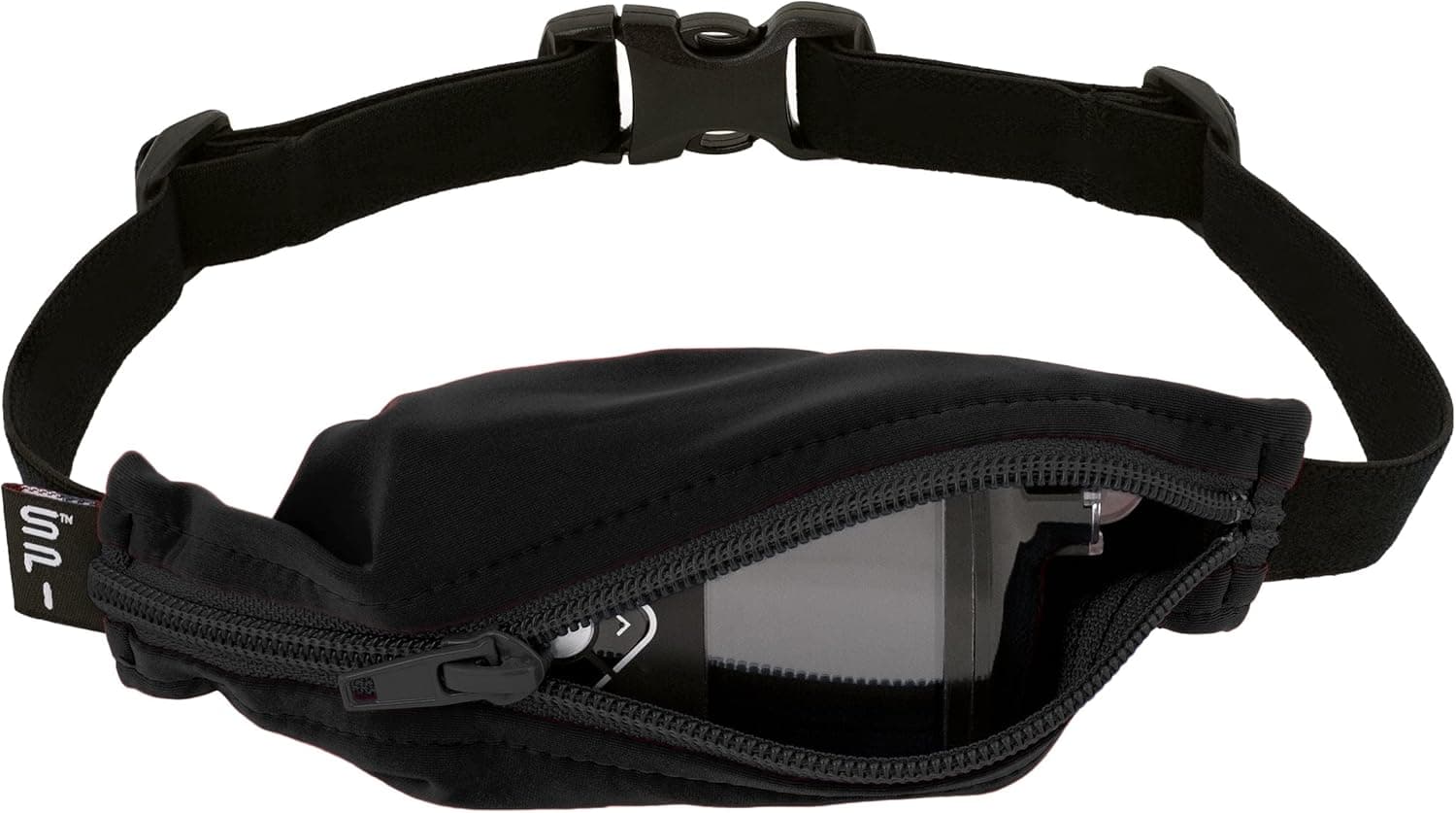 Black zipped running belt for carrying diabetes supplies during exercise