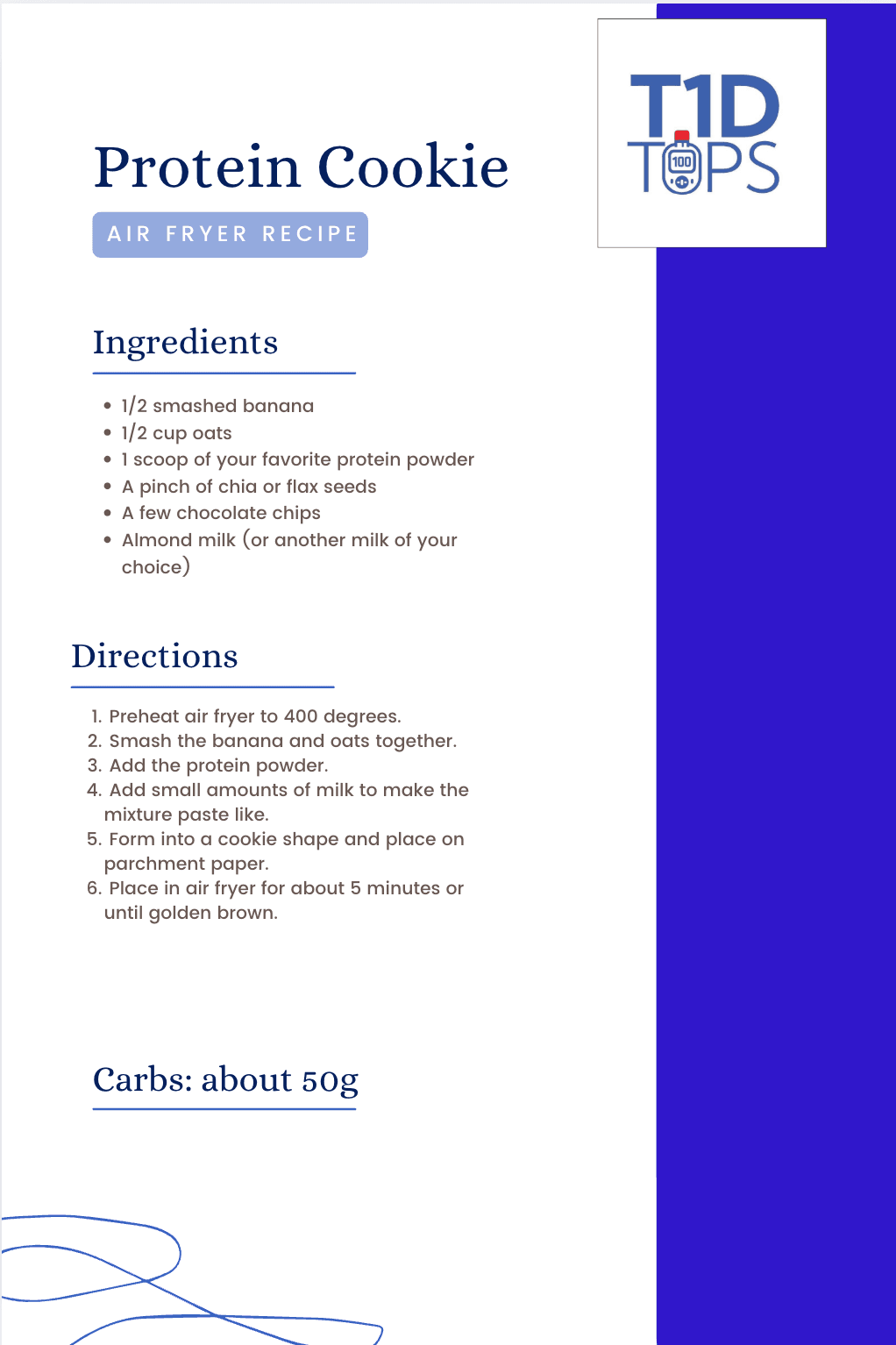 T1DTips protein cookie recipe card listing ingredients, air-fryer directions and about 50g carbs