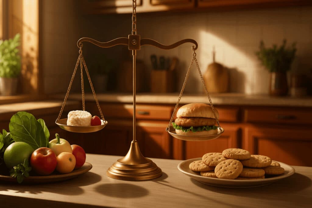 Kitchen balance scale weighing vegetables against a chicken sandwich, between a plate of fresh fruit and a plate of cookies