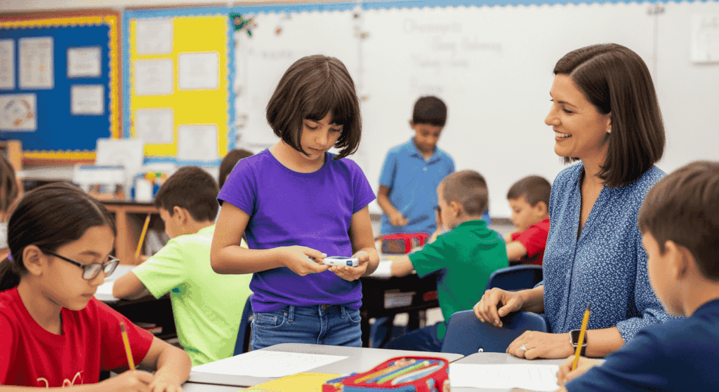 Child in classroom, reviewing her CGM device with teacher among her peers. 