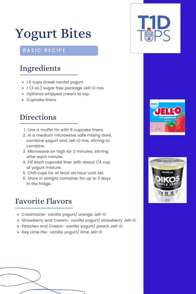 T1DTips creamsicle yogurt bites recipe card with ingredients, directions and flavour variations