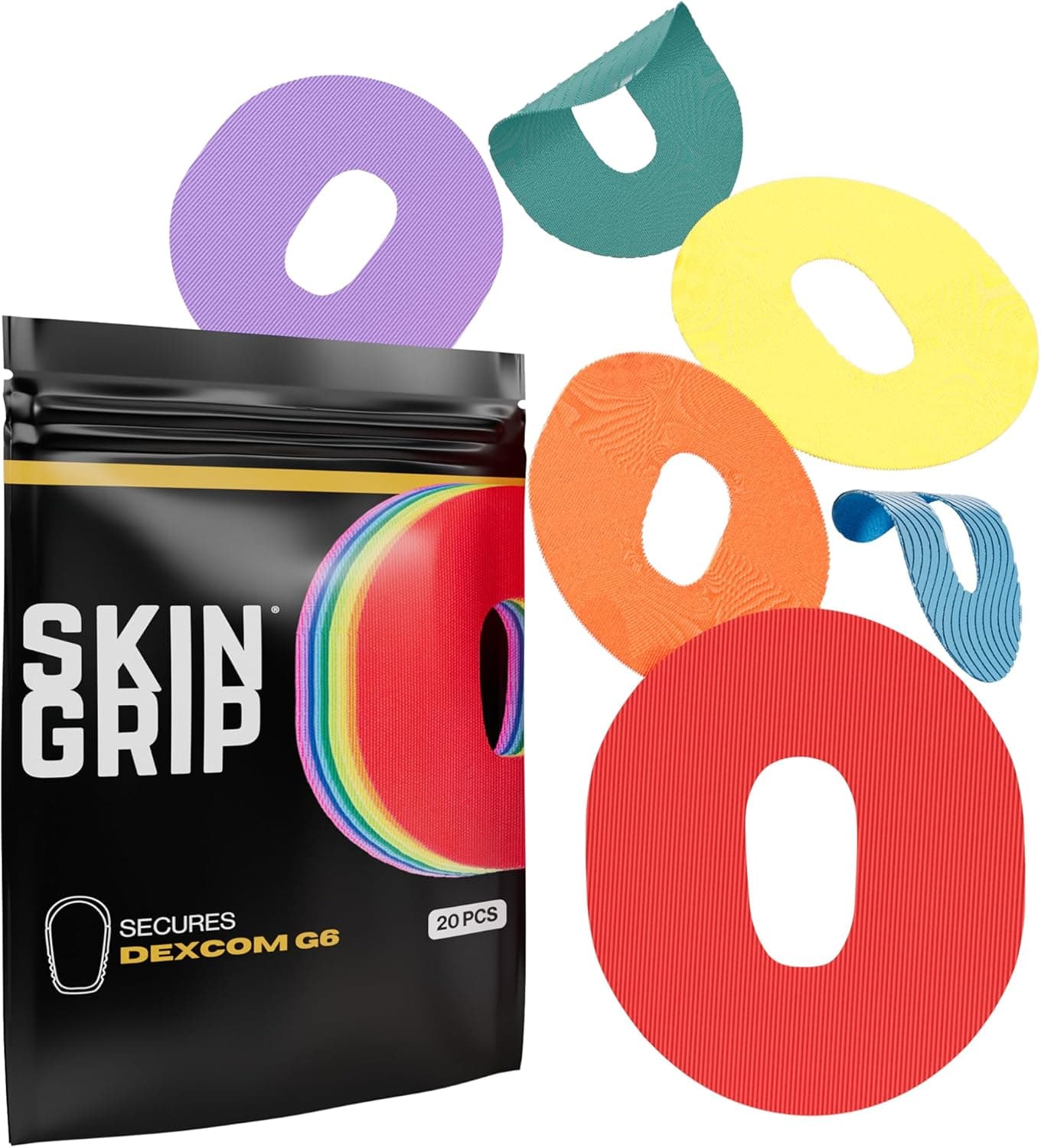 Skin Grip adhesive patches for the Dexcom G6, in assorted colours