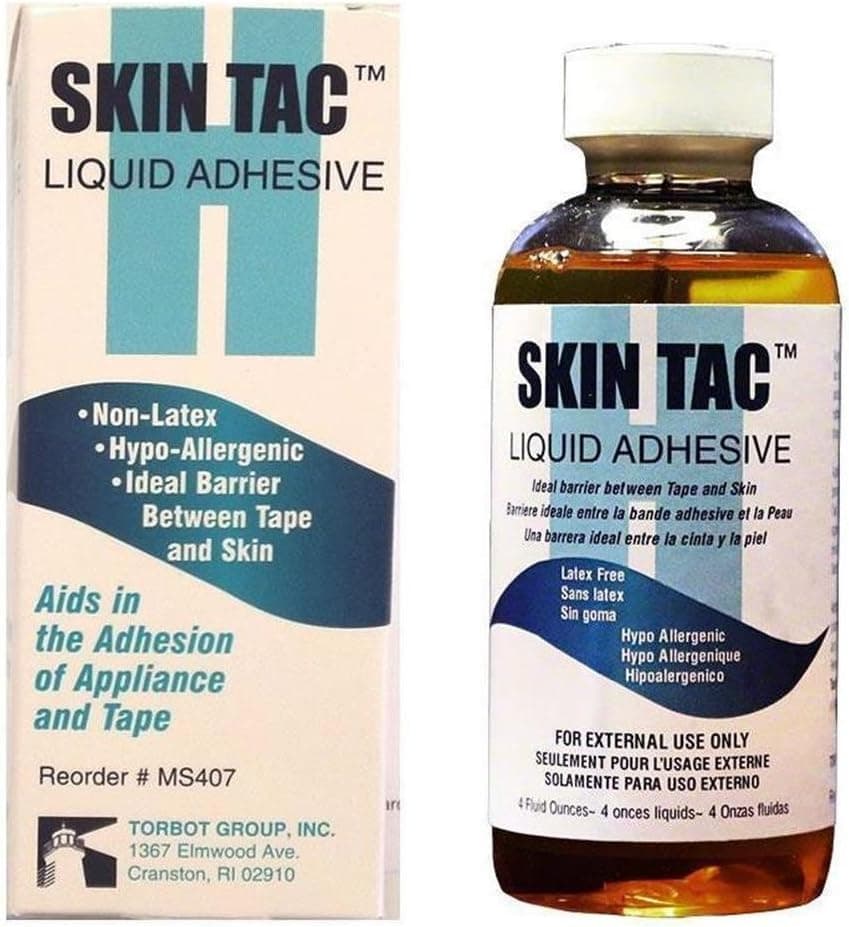 Skin Tac liquid adhesive, box and bottle, used to help sensors and pumps stay stuck