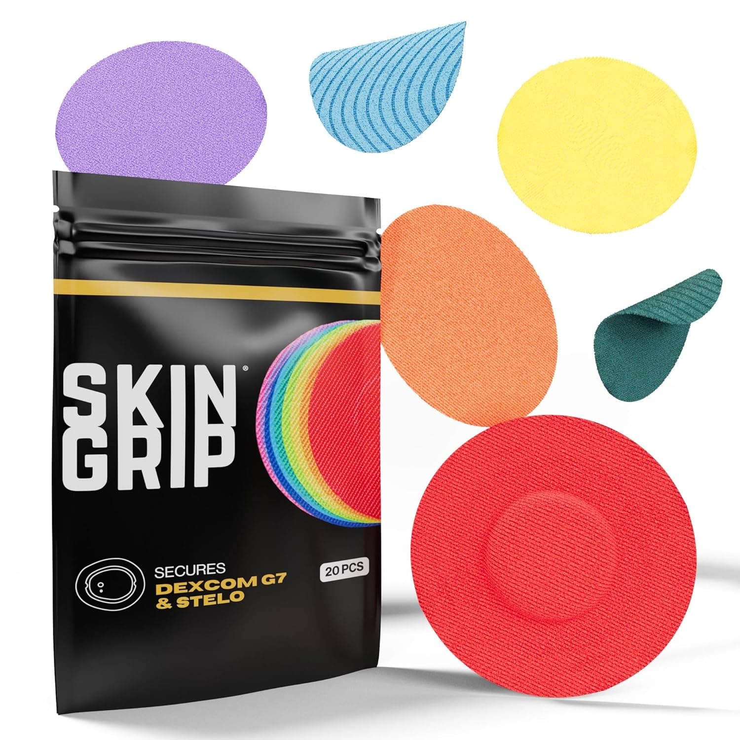 Skin Grip adhesive patches for the Dexcom G7 and Stelo, in assorted colours