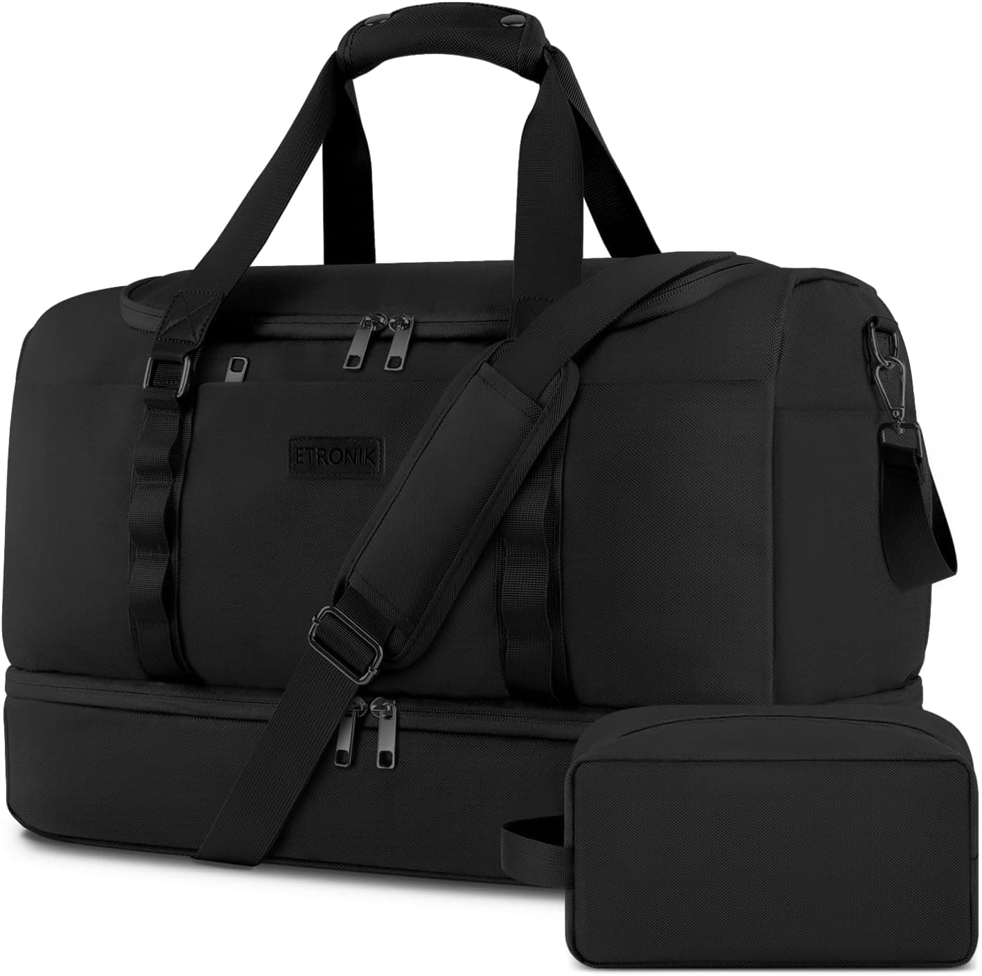 Black travel duffel bag with a detachable accessory pouch