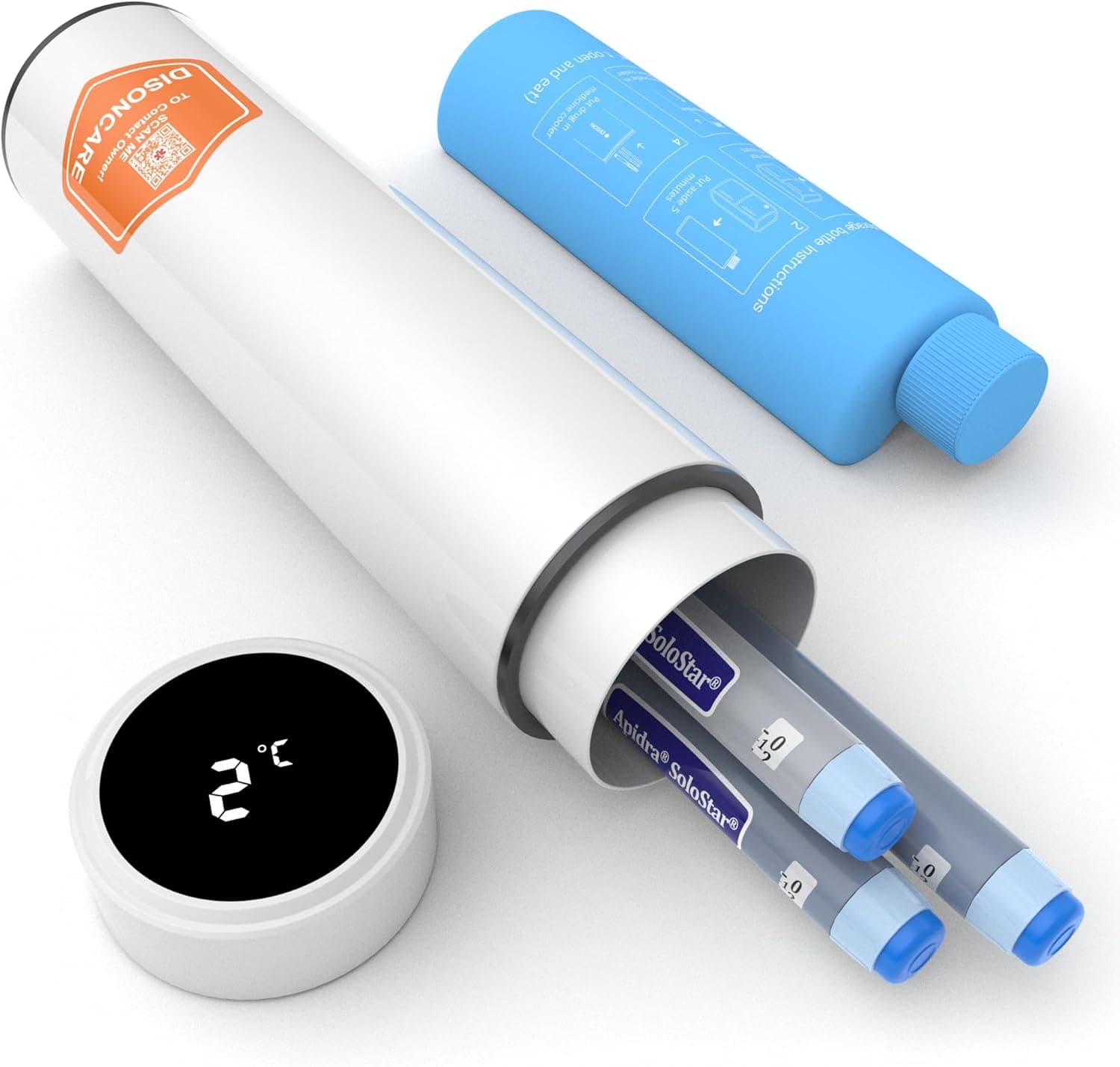 Insulin pens beside a cooling case, its display reading 2 degrees Celsius