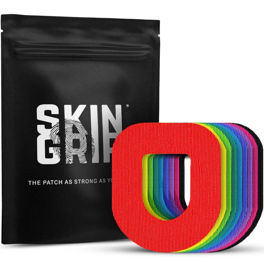Skin Grip adhesive patches in rainbow colours with their pouch