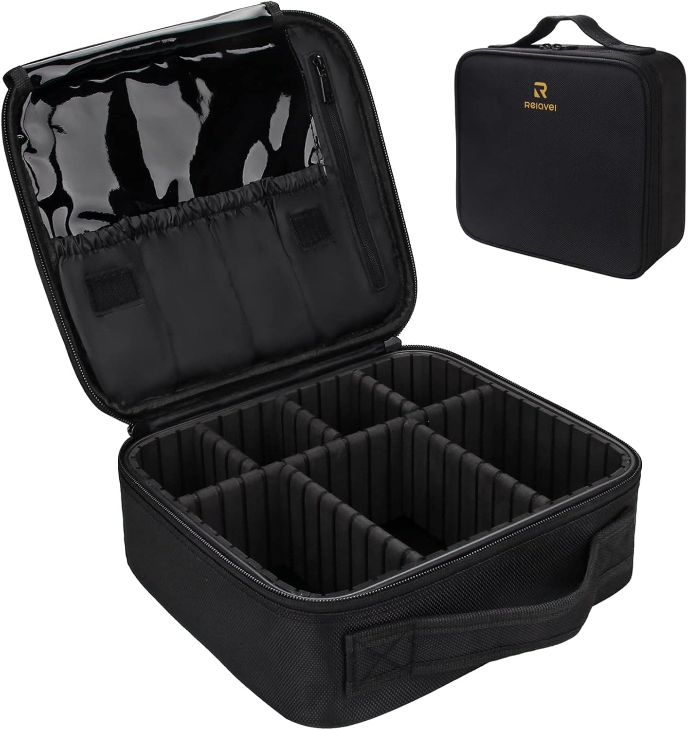 Hard-shell organiser case with adjustable dividers, shown open and closed