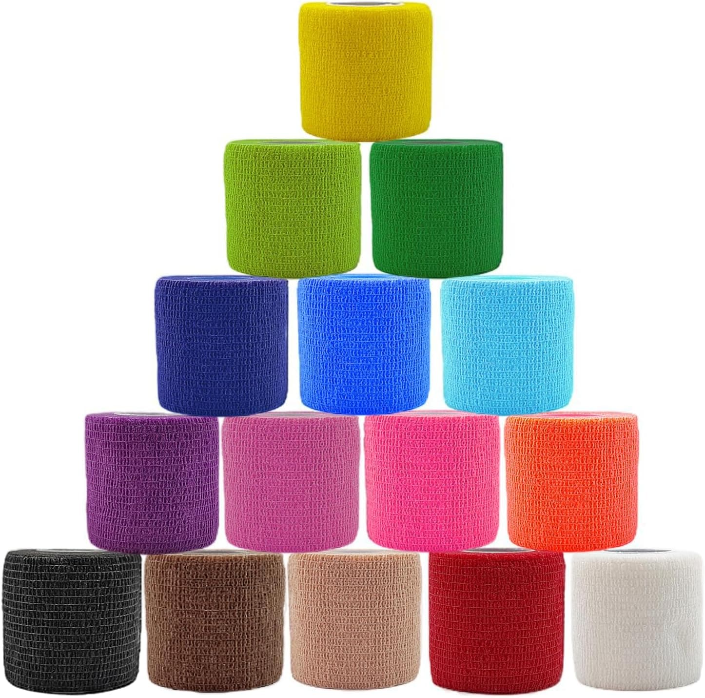 Stack of self-adhesive cohesive bandage wraps in a range of colours