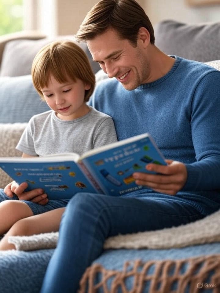 parent and child reading a book on type 1 diabetes