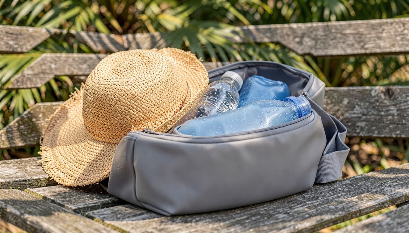 A straw sun hat beside an open grey insulated bag holding water bottles and a blue freezer pack on a sunny park bench