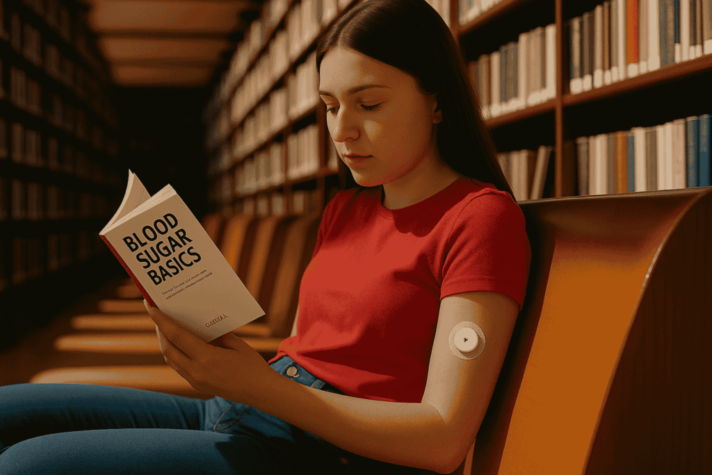 A young woman is reading a book on Blood Sugar Basics in a library setting.