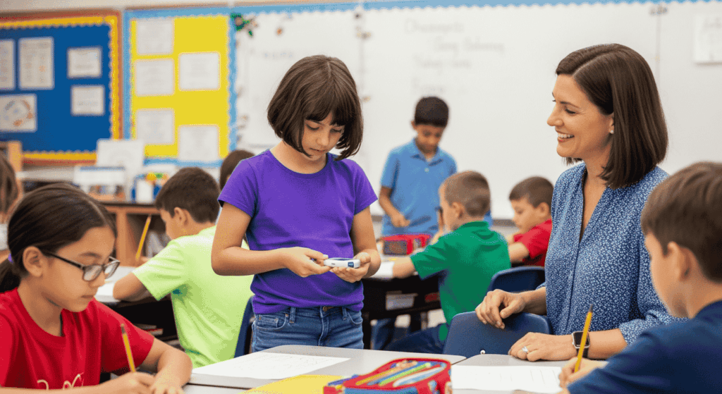 Child in classroom, reviewing her CGM device with teacher among her peers. 